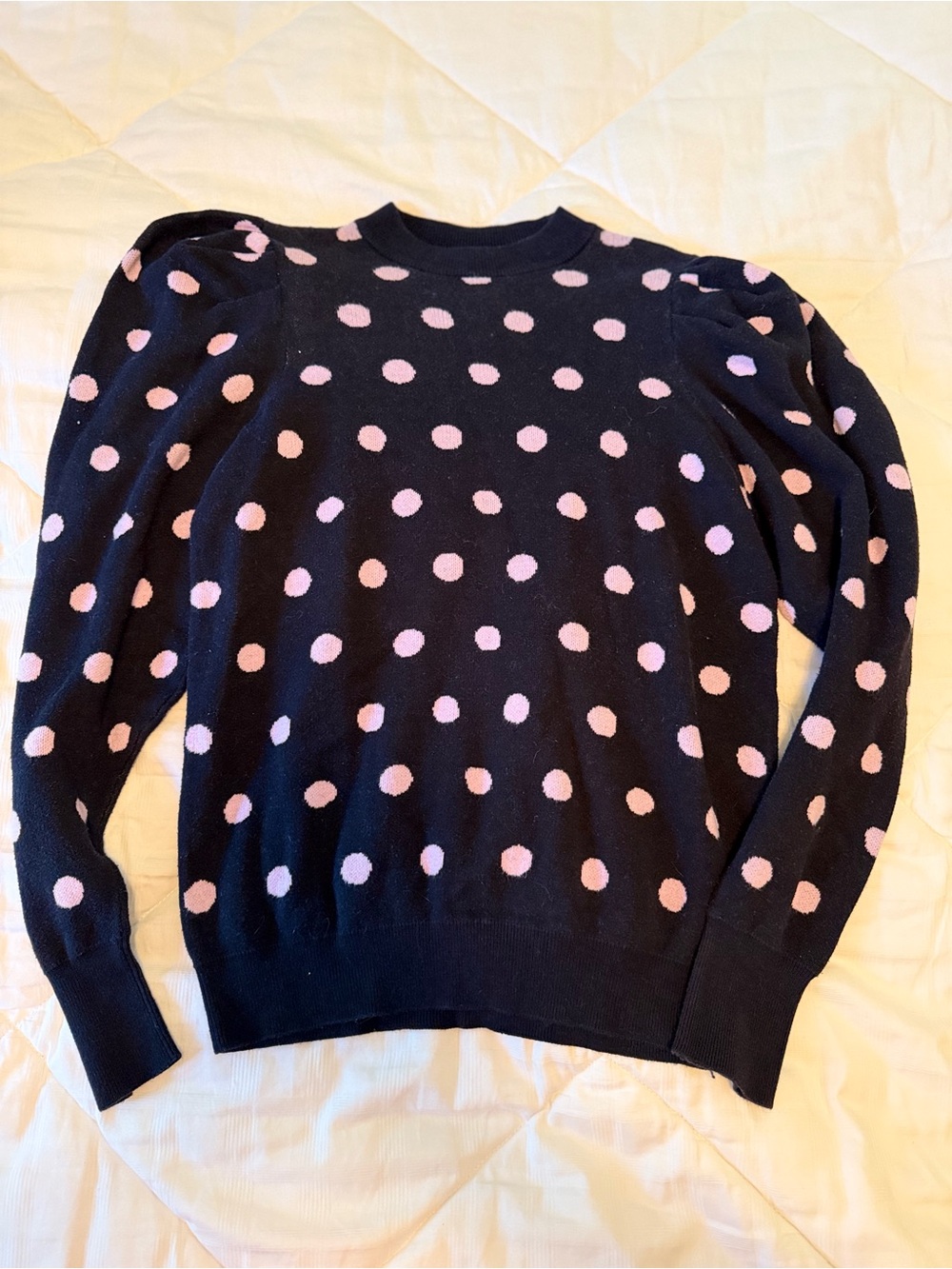 Who What Wear Puff Shoulder Crewneck Sweater with Pink Polka Dots